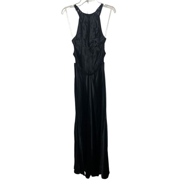 Vera Wang Black Satin Sleeveless Sequin Neck Keyhole Back Evening Maxi Gown 8 - Picture 3 of 16